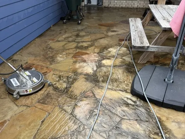 Flagstone patio restored, before cleaning